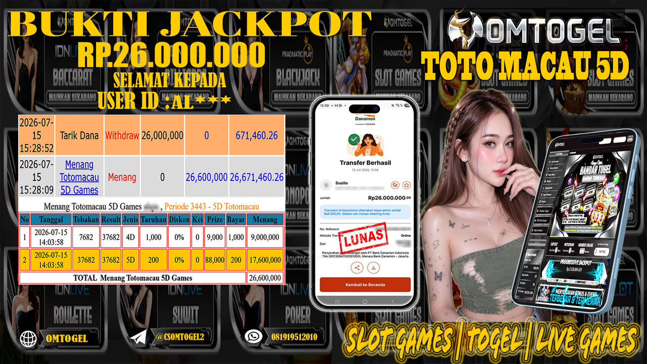OMTOGEL JACKPOT TOTO MACAU 5D Rp.26,000,000,- DIBAYAR LUNAS