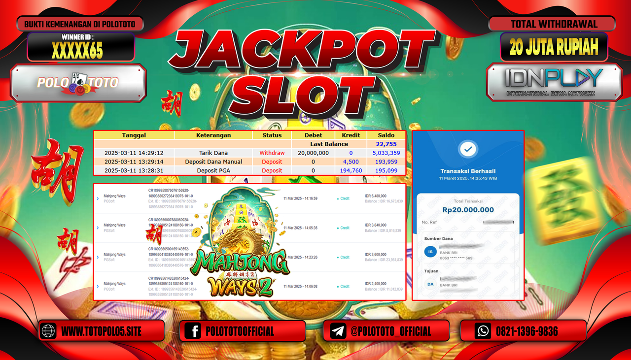 POLOTOTO JACKPOT SLOT MAHJONG WAYS 2 Rp.20.000.000,-