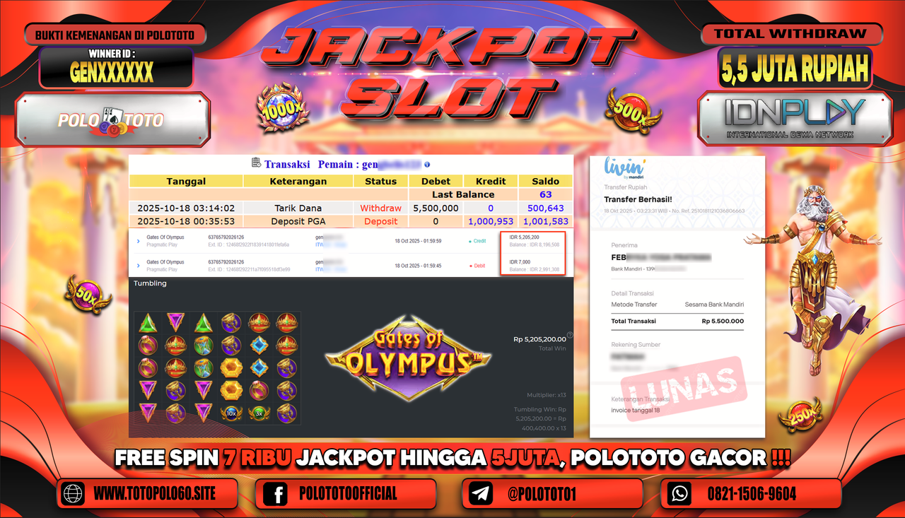 POLOTOTO JACKPOT SLOT GATES OF OLYMPUS Rp.5.500.000,- LUNAS