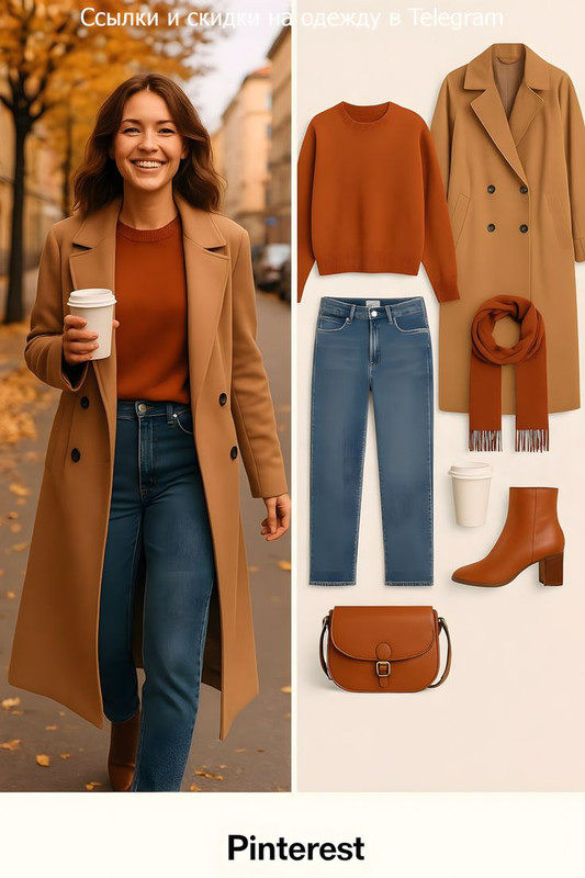 Осенний уют пальто свитер и джинсы Тёплый образ