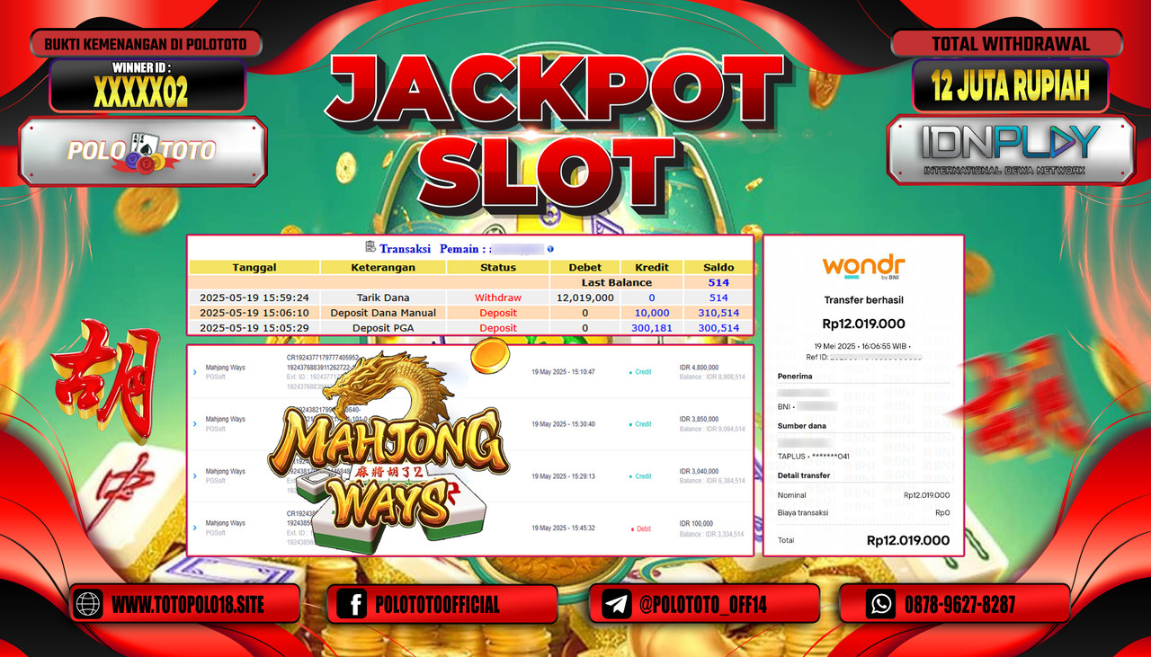POLOTOTO JACKPOT SLOT MAHJONG WAYS Rp.12.019.000,-