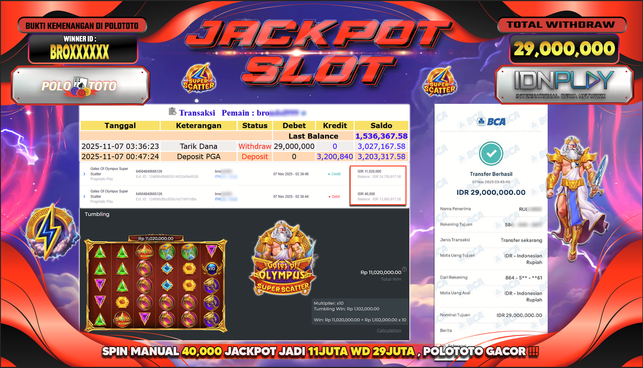 POLOTOTO JACKPOT SLOT GATES OF OLYMPUS SUPER SCATTER Rp.29.000.000,- LUNAS