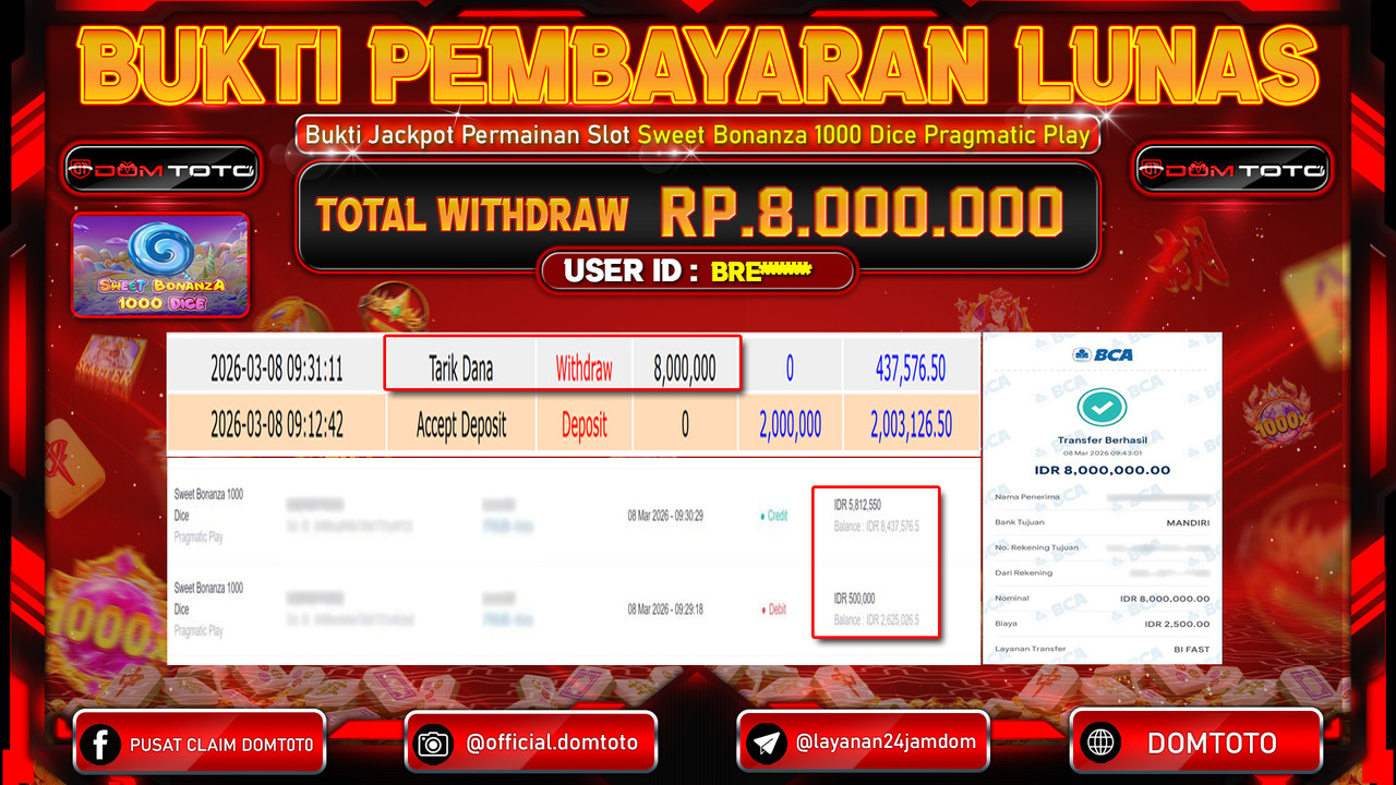 JACKPOT SLOT Sweet Bonanza 1000 Dice Pragmatic Play 08 MARET 2026