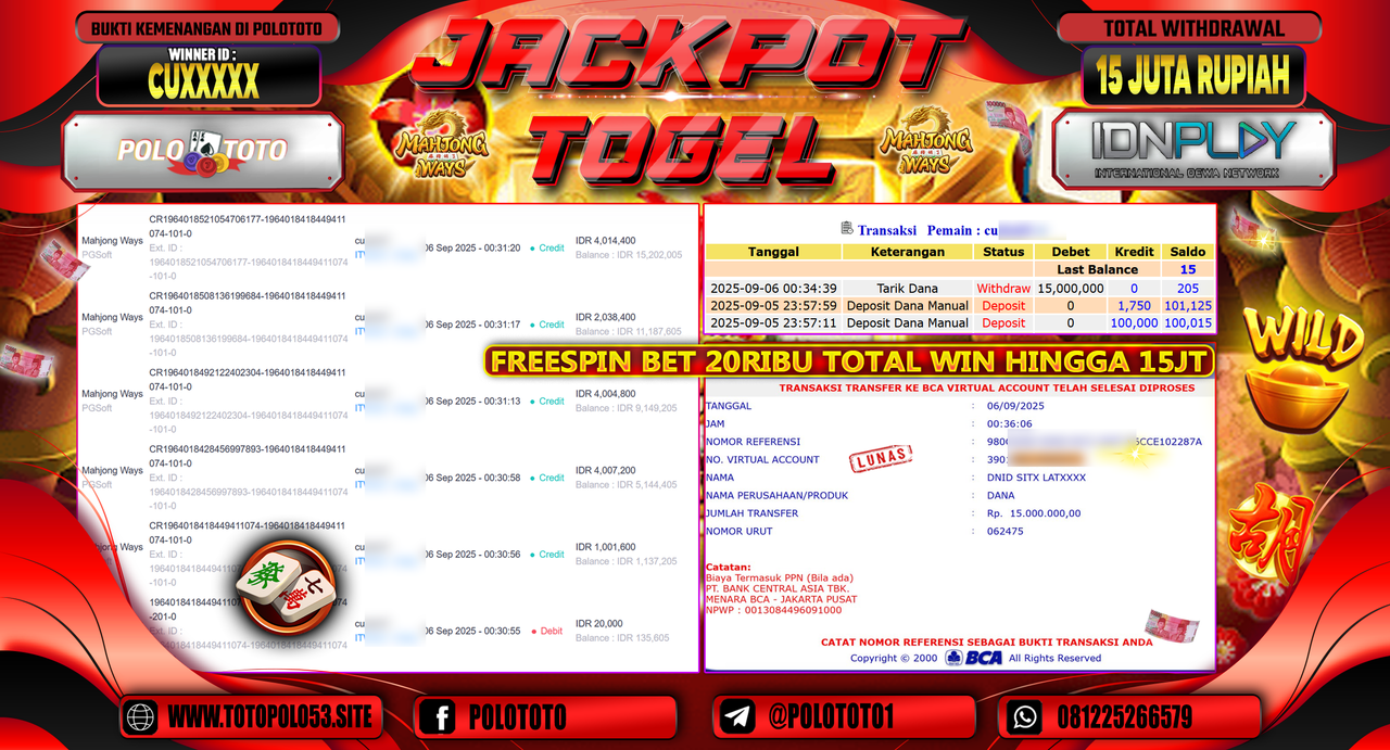 POLOTOTO JACKPOT SLOT MAHJONG WAYS Rp.15.000.000,-