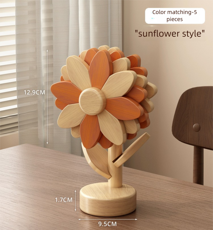 5-Piece Floral-Shaped Trivet Set with Stand – Wooden Heat Resistant Pad for Table, Dish, Pot or Cup(Warm orange and beech wood two-tone)