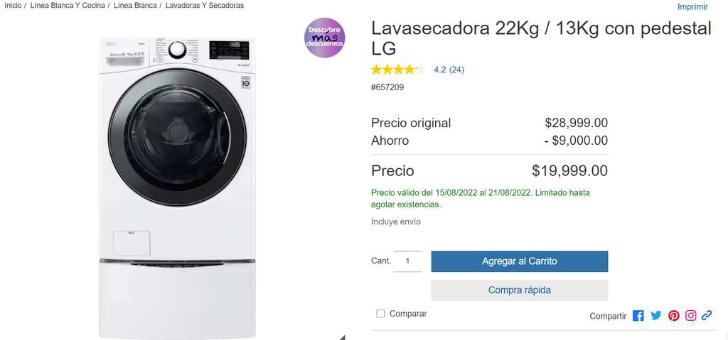 Costco: Lavasecadora LG 22kg/13kg con pedestal 
