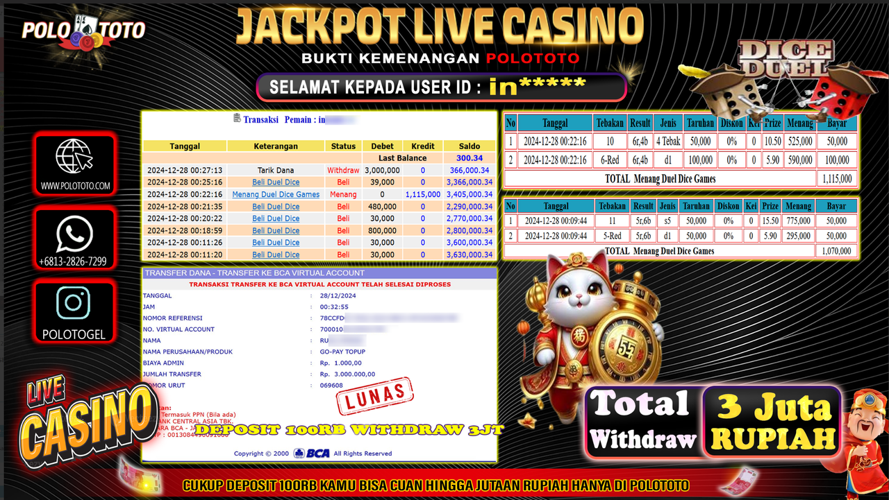 POLOTOTO JACKPOT LIVE CASINO DUEL DICE Rp.3,000.000,-