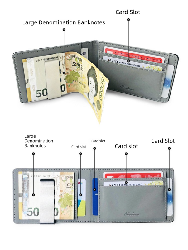 Grey Men's Slim Bifold Money Clip Wallet - Saffiano Texture PU Leather with Stainless Steel Cash Clamp - Minimalist Front Pocket Card Holder
