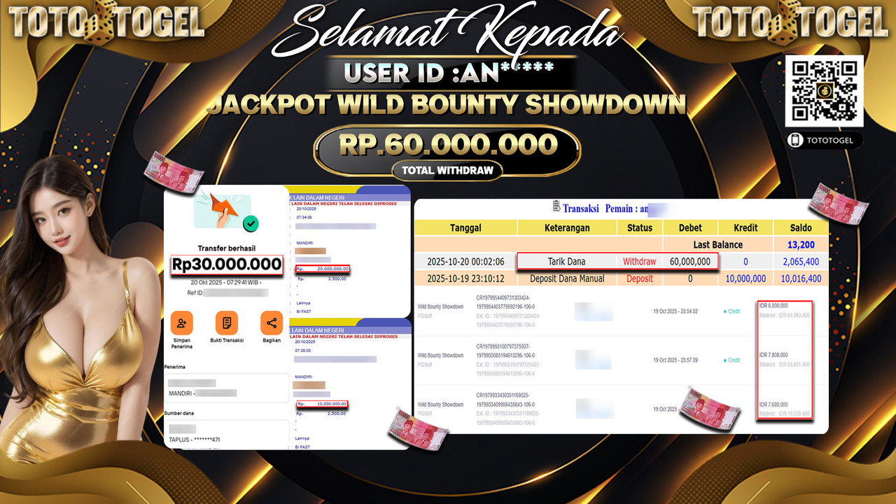 Bukti Pembayaran Jackpot Permainan Slot Wild Bounty ShowDown ID:AN**** LUNAS