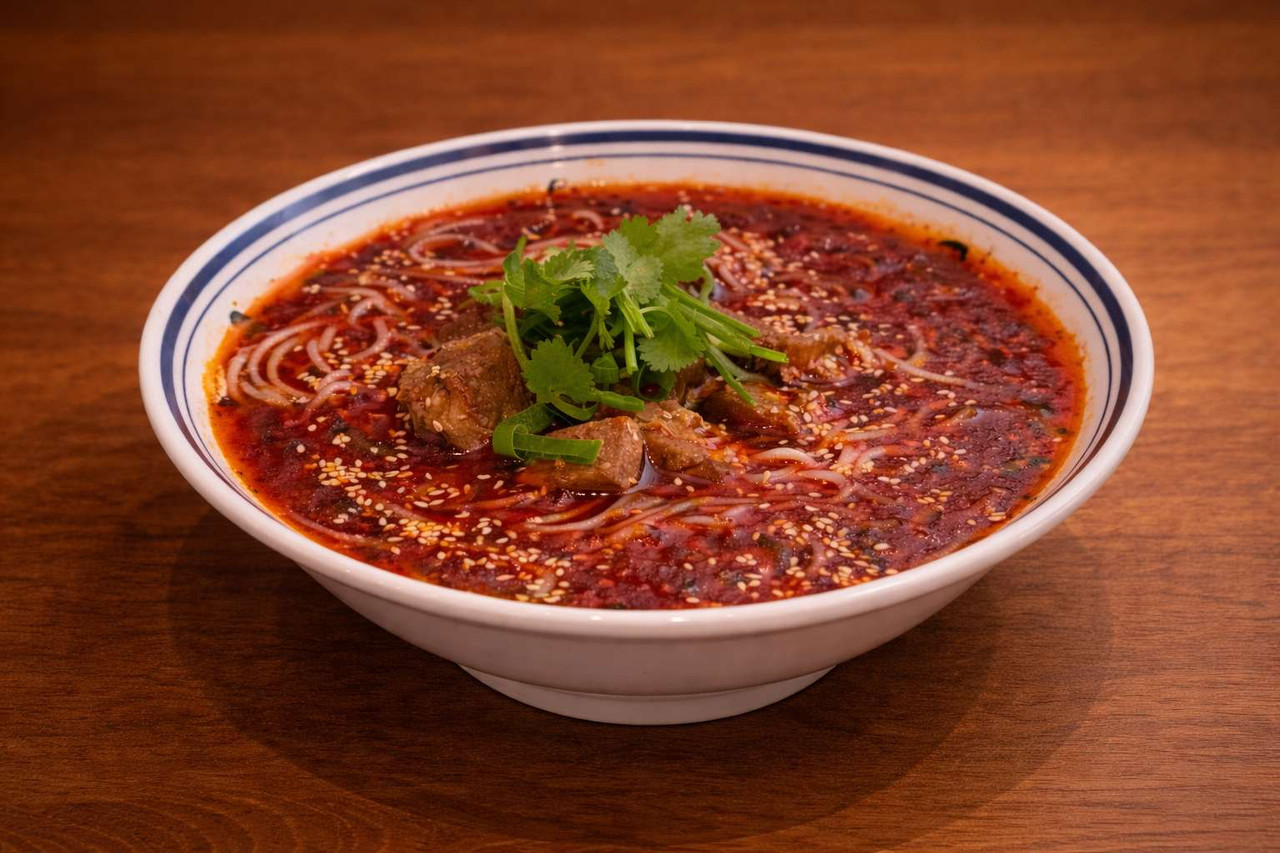 Scharfe Reisnudelsuppe mit Rindfleisch (Red Oil)
