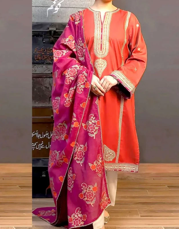 Elegant Dhanak Winter Dress with Kotrai Shawl – Unstitched Embroidered Outfit for Casual & Formal Wear