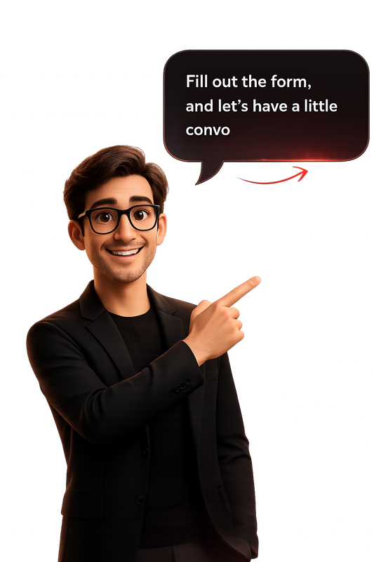 AstraKlips team member pointing toward the sign up form, saying: Fill out the form and let's have a little convo