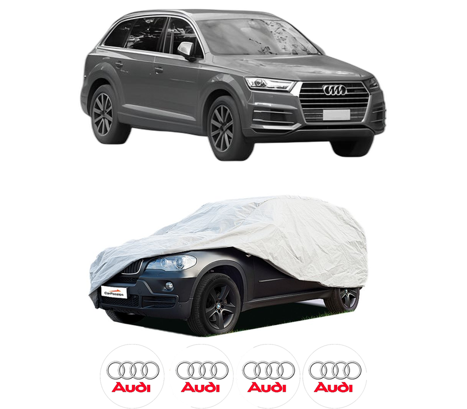 Husa tip prelata auto pentru AUDI Q7 (4MB, 4MG, 4MQ) din 2015-2020, Culoare Gri, material textil impermeabil, rezistanta la intemperii praf UV, CARPASSION Husa Protectie, 4 Stickere auto cu AUDI
