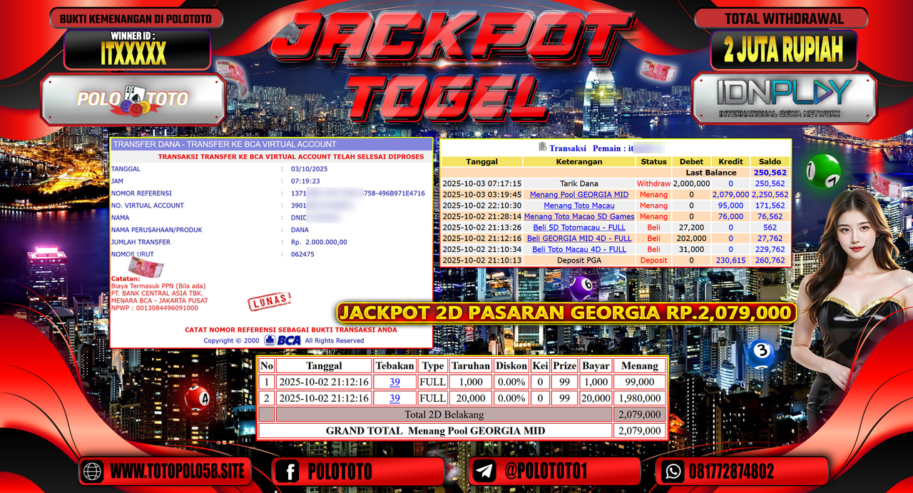 POLOTOTO JACKPOT TOGEL HONGKONG LOTTO Rp.2.000.000,- LUNAS