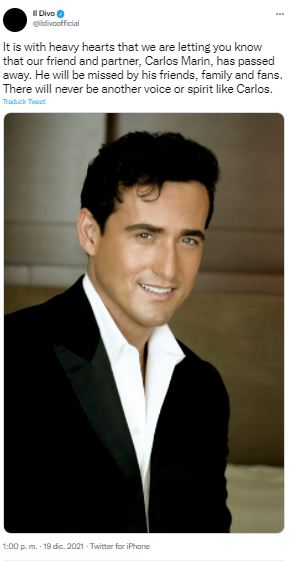 Carlos Marín, barítono del cuarteto Il Divo muere a los 53 años de edad