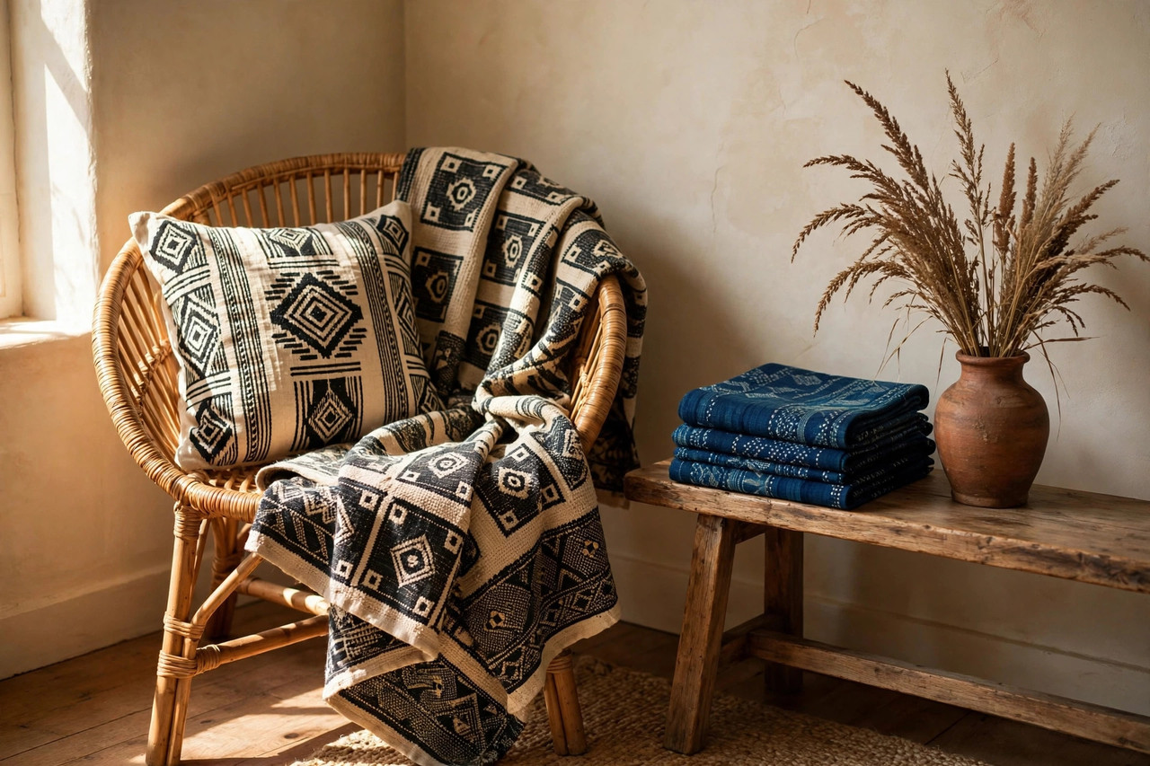 Mudcloth pillow and kuba cloth throw with geometric African patterns draped over a rattan chair