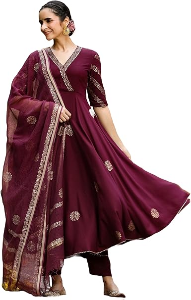 GoSriKi Women’s Elegant Wine Anarkali Kurta Set