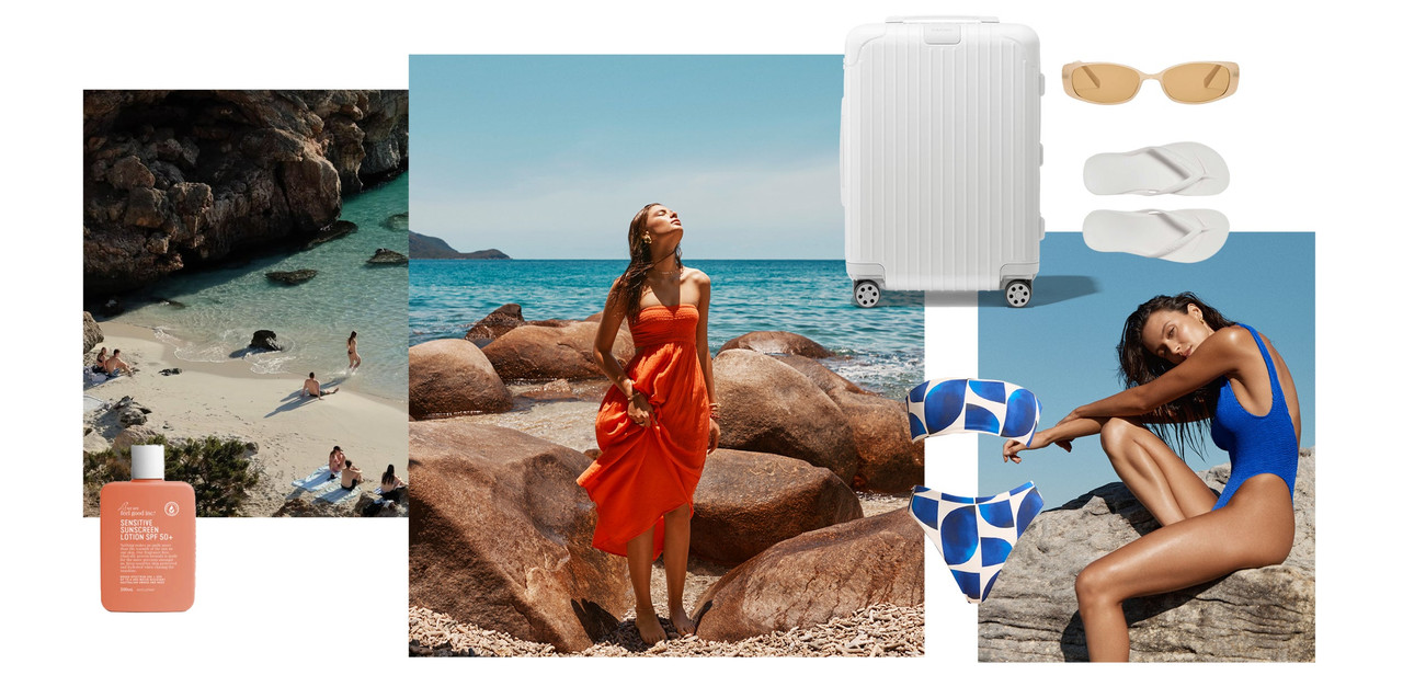 Modelo com vestido laranja fluido em cenário mediterrâneo