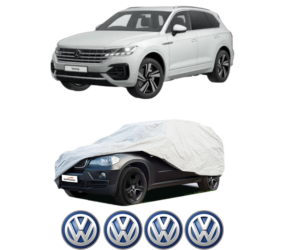 Husa tip prelata auto pentru Volskwagen TOUAREG (CR7, RC8) din 2017-2023, Culoare Gri, material textil impermeabil, rezistanta la intemperii praf UV, CARPASSION Husa Protectie, 4 Stickere auto cu Volskwagen
