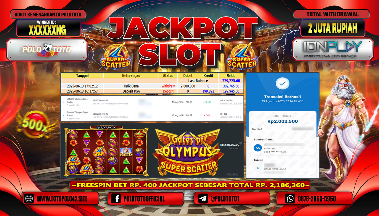 POLOTOTO JACKPOT SLOT GATES OF OLYMPUS SUPER SCATTER Rp.2.000.000,-LUNAS