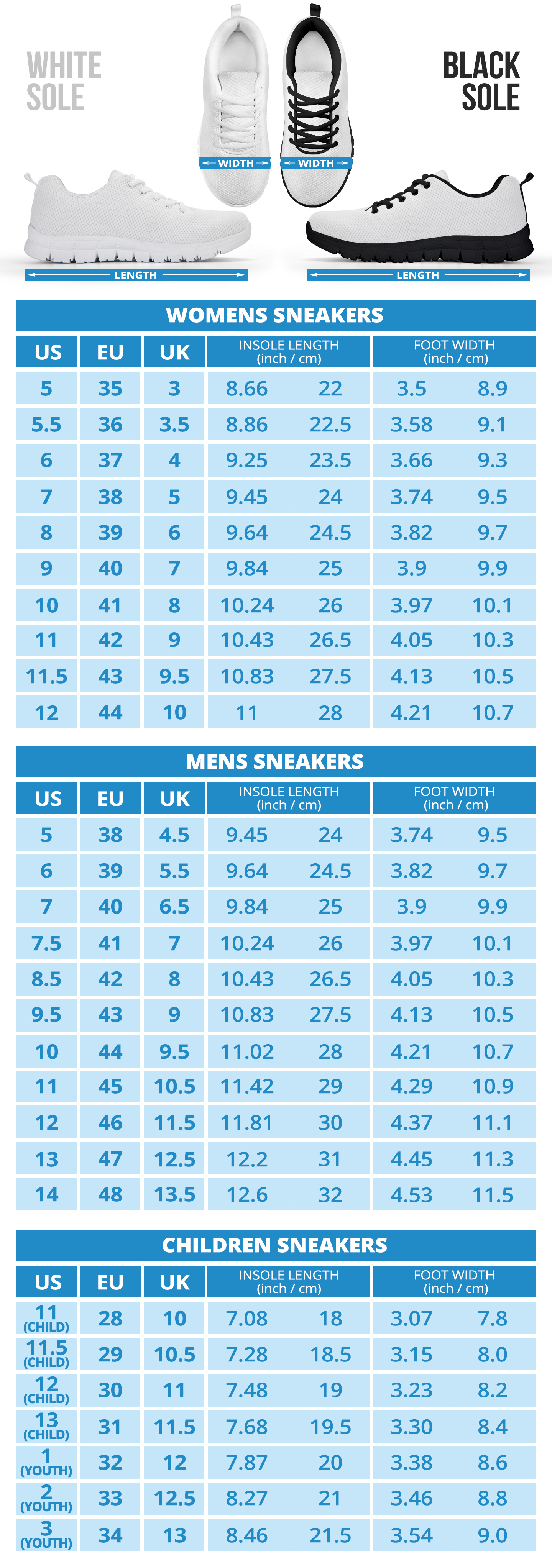 Honda Unisex Sneakers sizng chart