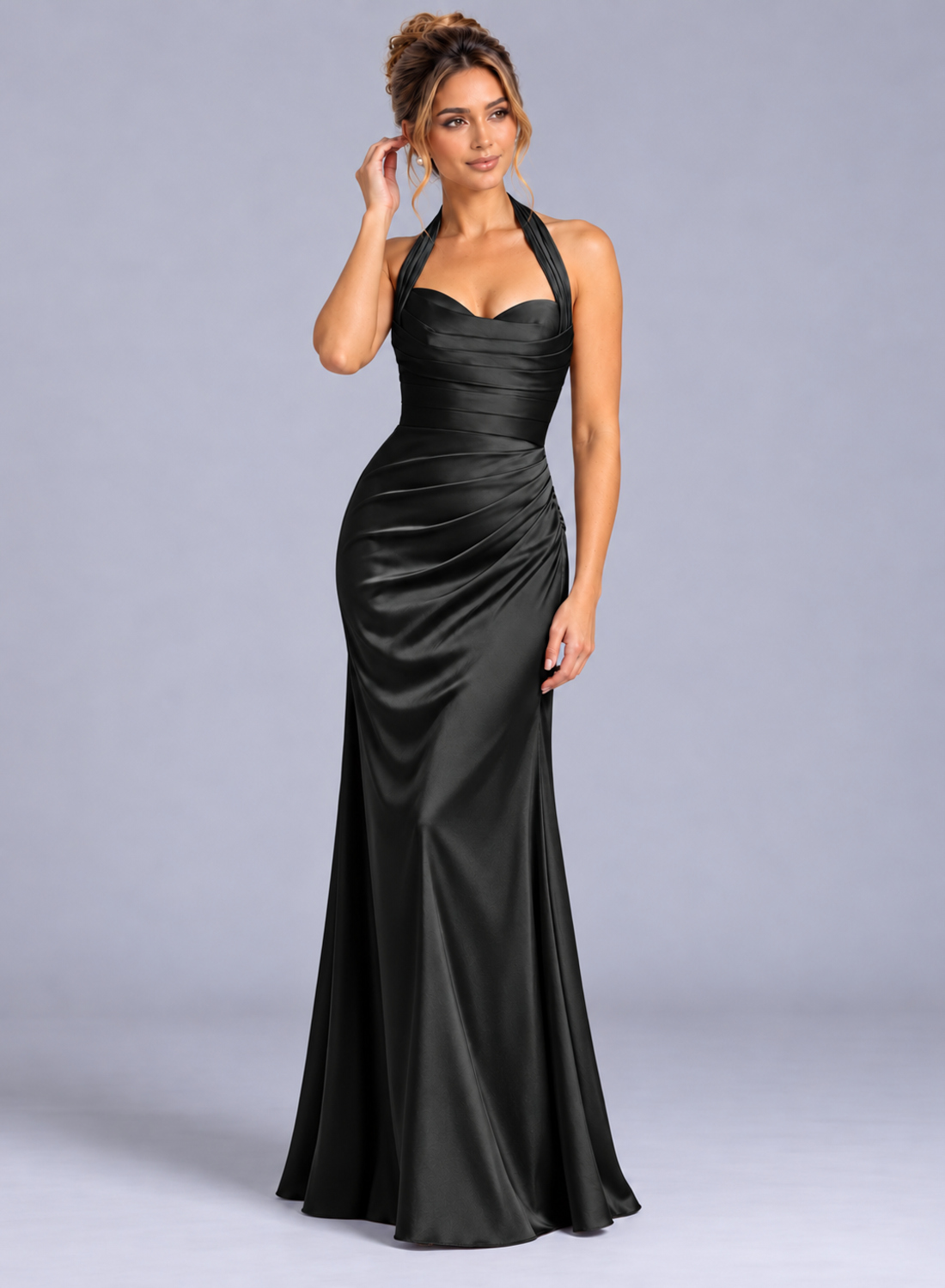 Sheath Satin Sweetheart Halter Side Slit Bridesmaid Dress with Open Back