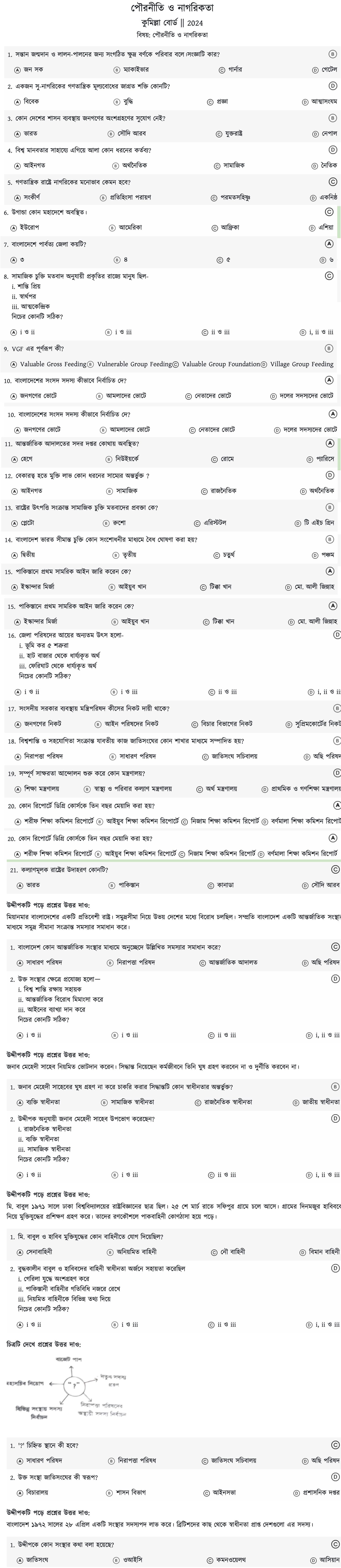 কুমিল্লা বোর্ড এসএসসি পৌরনীতি ও নাগরিকতা প্রশ্ন সমাধান ২০২৪