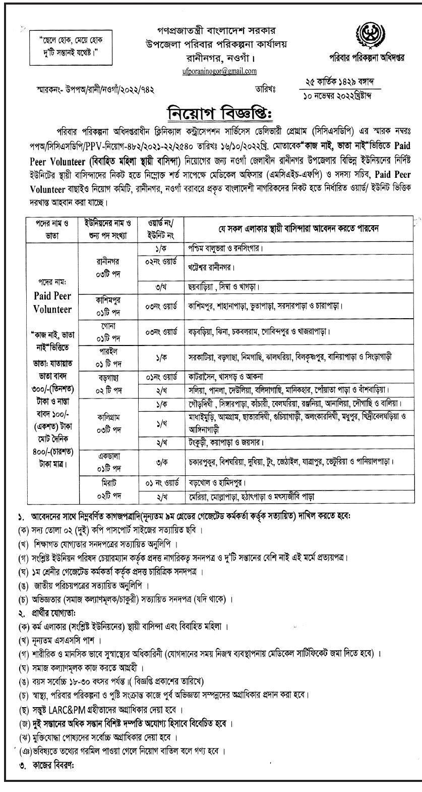 উপজেলা পরিবার পরিকল্পনা কার্যালয় নিয়োগ বিজ্ঞপ্তি ২০২২ সার্কুলার 15