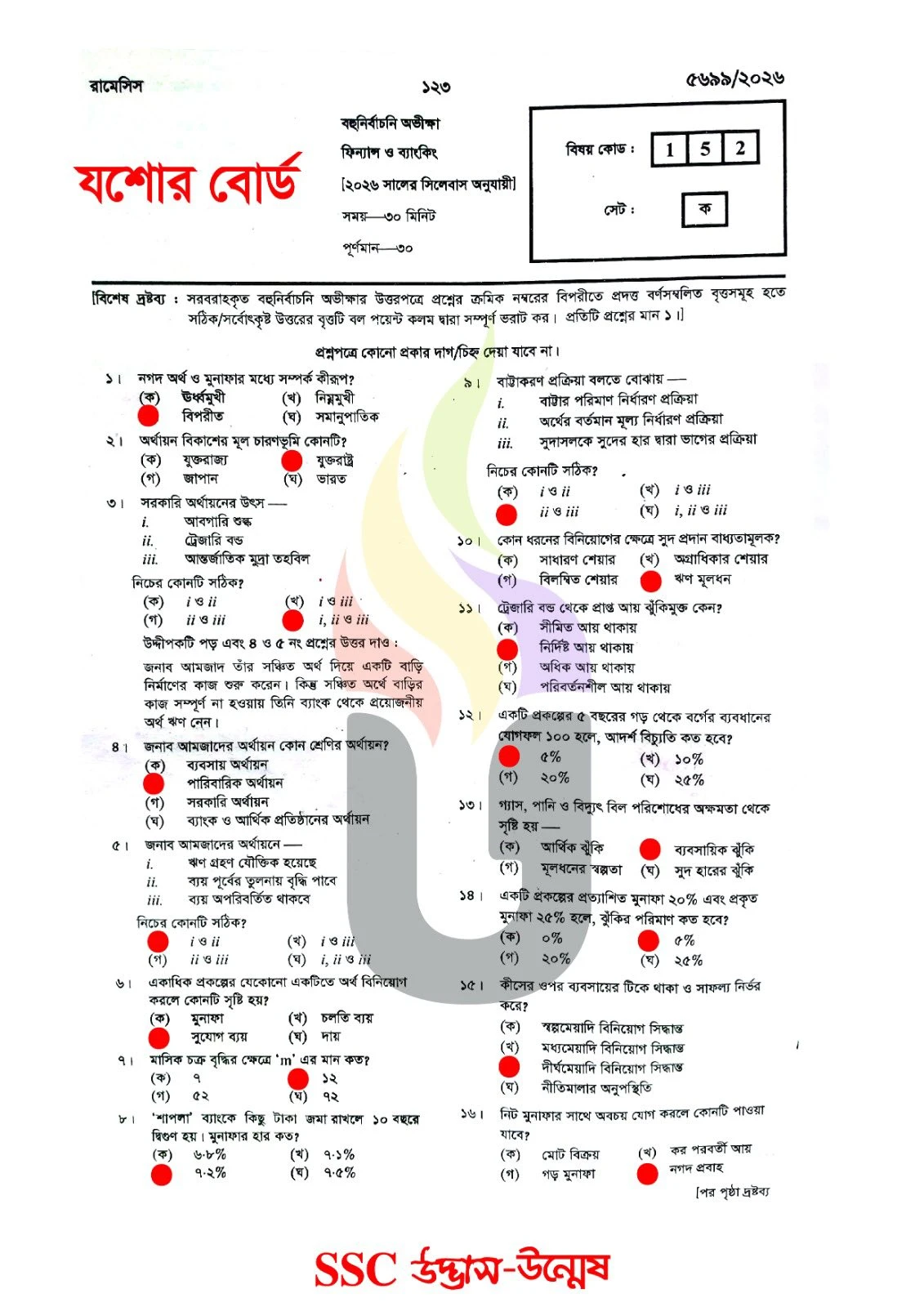 Finance and Banking MCQ Question Solution 2026 Jessore Board