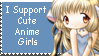 A blue stamp with a pixel art of chii from chobits with white text that says I support cute anime girls