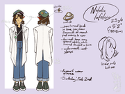 character reference sheet of a woman with short brown hair named Natalie Infelicis. The text reads: 23 y/o, 5'2", Birthday: Feb 2nd, doesn't wear gloves. Underneath a drawing of a golden watch, there is text reading: when turned back in time, can show fragments of recent past events to user; does not have any special ability when turned forward in time; underneath coat sleeve.