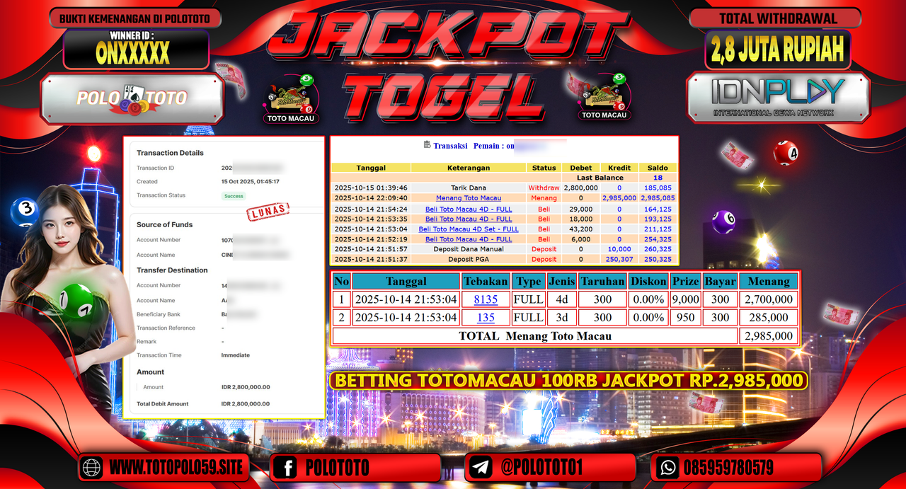 POLOTOTO JACKPOT TOGEL MENANG TOTO MACAU Rp.2.800.000,- LUNAS