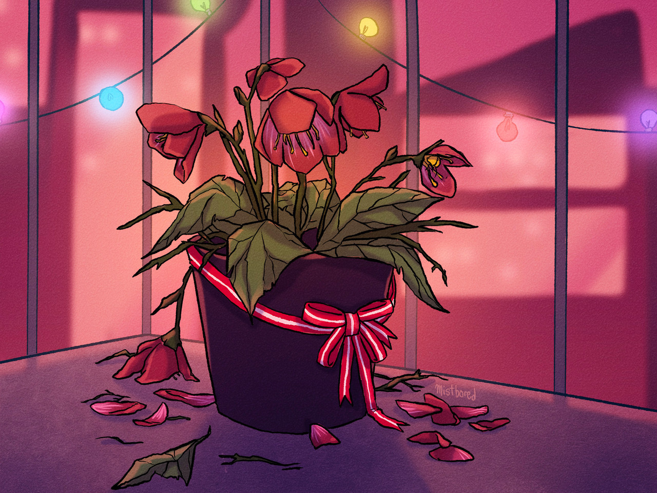 Picture of withering hellebore roses sitting in a flowerpot on a fire escape of Imp City