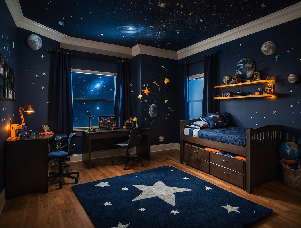 Contemporary Boys Room Design With Dark Blue Accent Wall And Star Decor