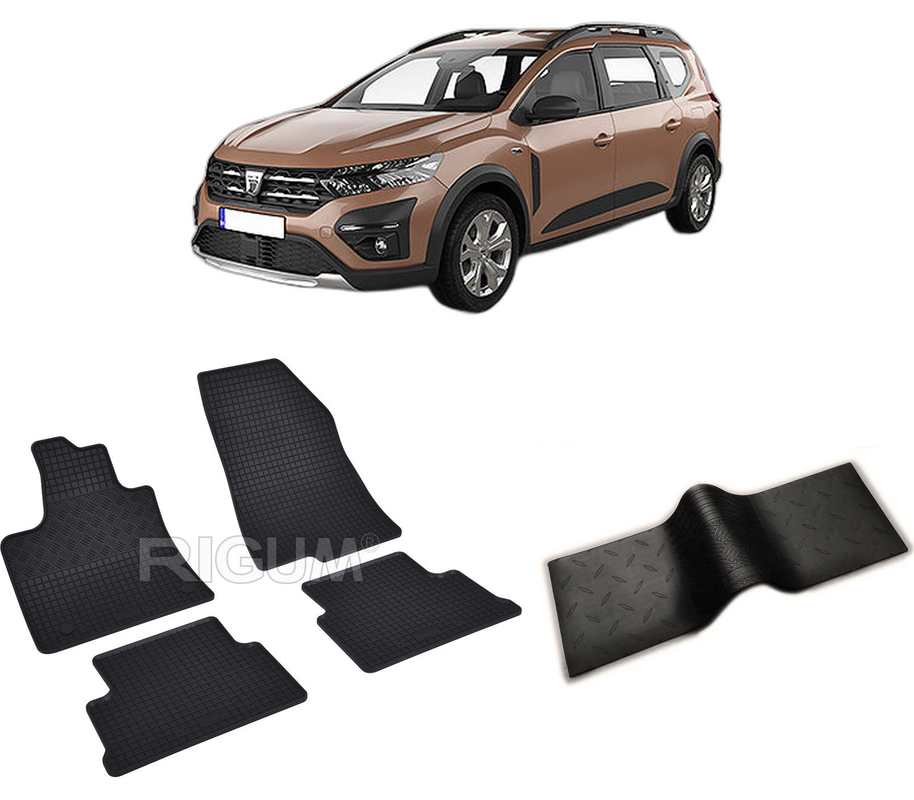 Set covorase auto DACIA JOGGER din 2022-PREZENT, cu covoras tunel median, CAROSERIE COMBI, Presuri cauciuc 100%, compatibil cu autoturismul DACIA JOGGER, Rigum