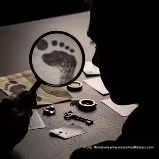 Illustration of suspense and mystery, showing detective silhouette and hidden clues