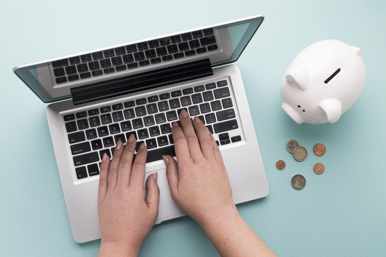 top view finance elements with white piggy bank