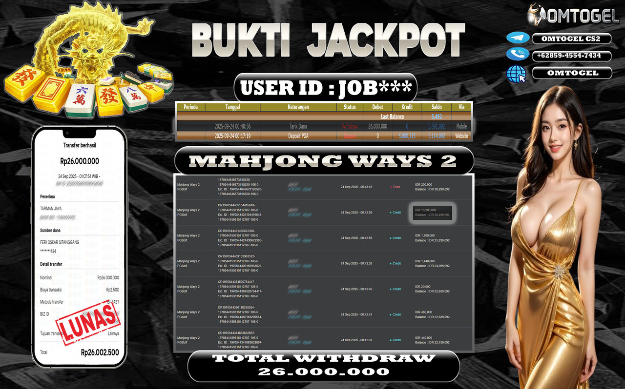 OMTOGEL JACKPOT PGSOFT MAHJONG WAYS 2 26 JUTA DI BAYAR LUNAS ,-