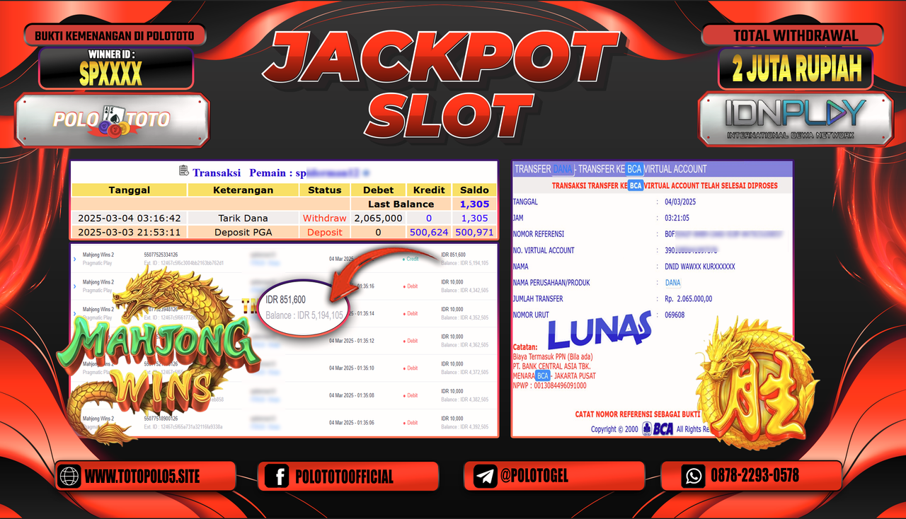 POLOTOTO JACKPOT SLOT MAHJONG WINS 2 Rp.2.065.000,-