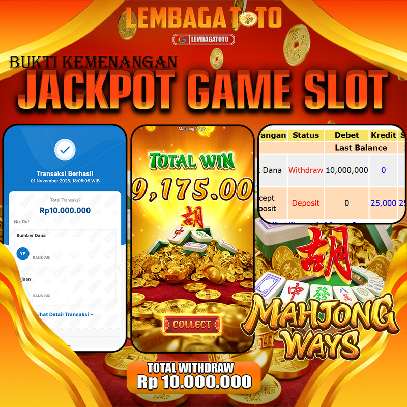 BUKTI JACKPOT 02 NOVEMBER LEMBAGATOTO MAHJONG WAYS Rp.10.000.000,- LUNAS