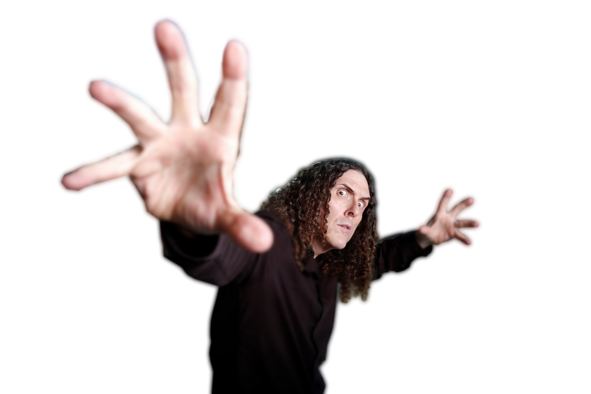 a picture of weird al, a white man with long brown hair. he has one hand in front of him and the other sprawled out behind him.