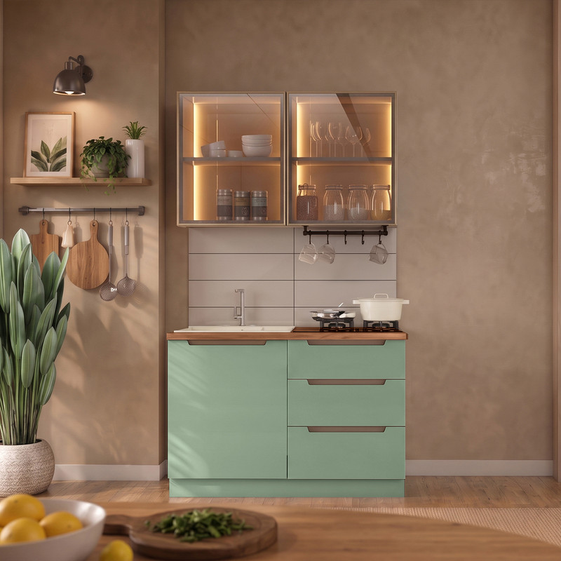 Hera 120 cm Mutfak Dolabı Seti %100 MDF Ledli Çekmeceli Lavabolu Mutfak Dolabı Takımı 4 Modül Tezgah Dahil Yeşil Bej