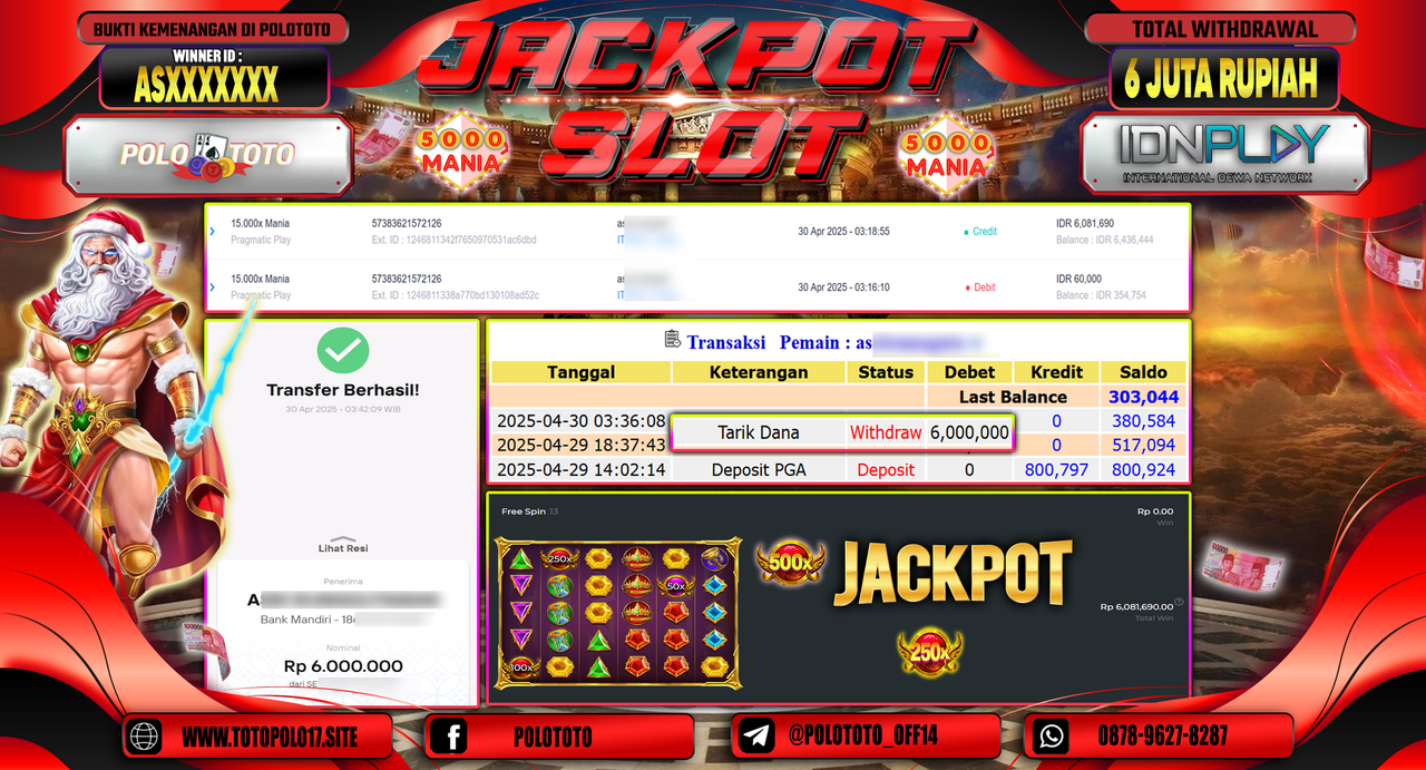 POLOTOTO JACKPOT SLOT 15.000X MANIA Rp.6.000.000,-