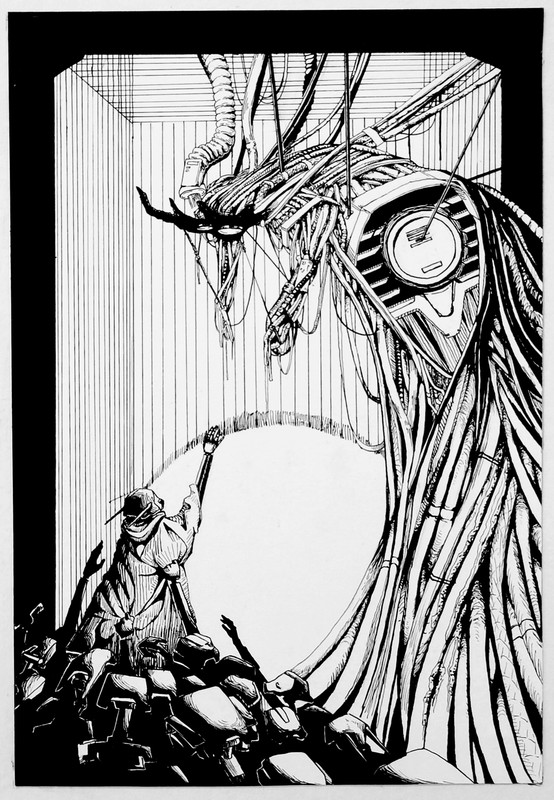 A robot, Path, with a flat, metal face and dark eyes. They appear to be disintegrating, with metal turning into ribbons and streaming off their face. Wind blows their cloak across the scene.