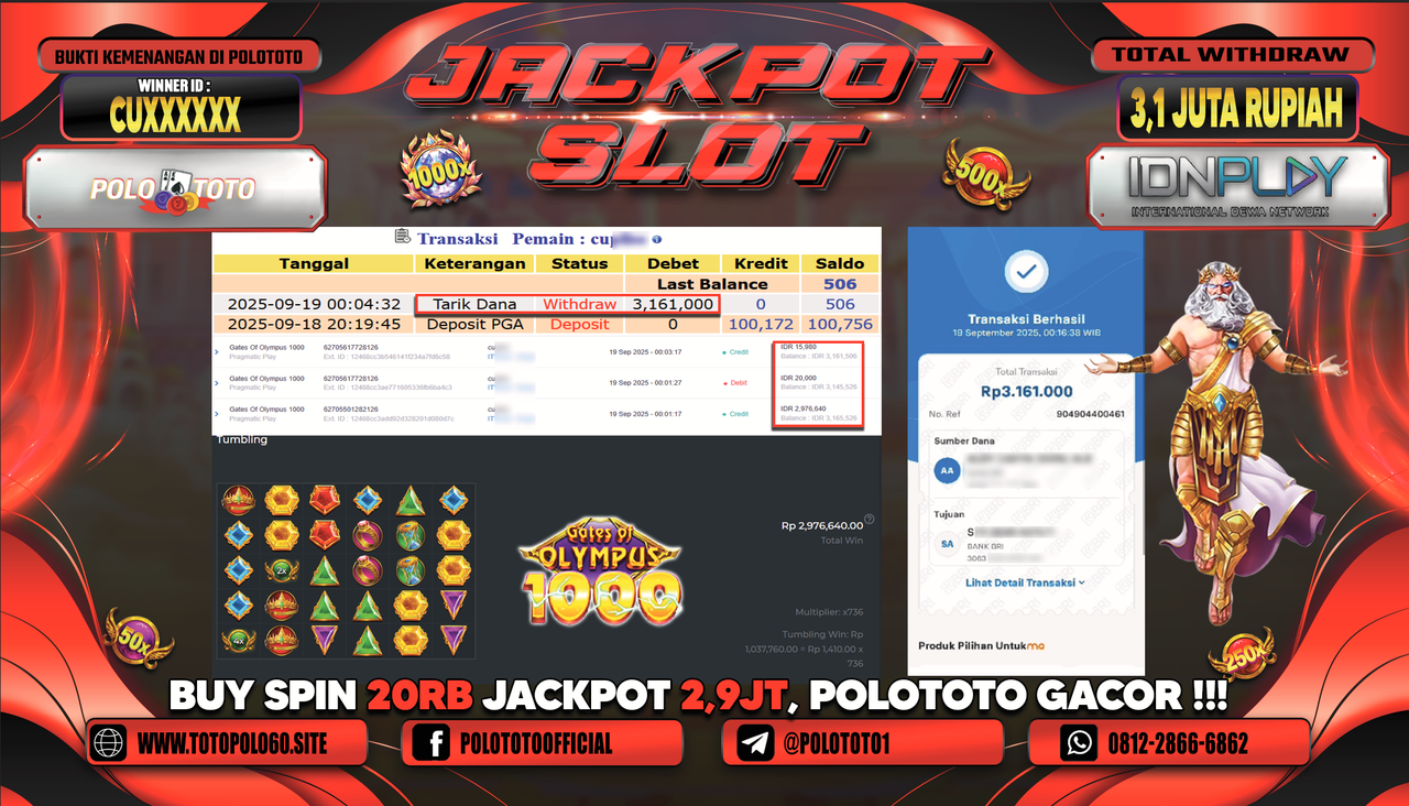 POLOTOTO JACKPOT SLOT GATES OF OLYMPUS 1000 Rp.3.161.000,-