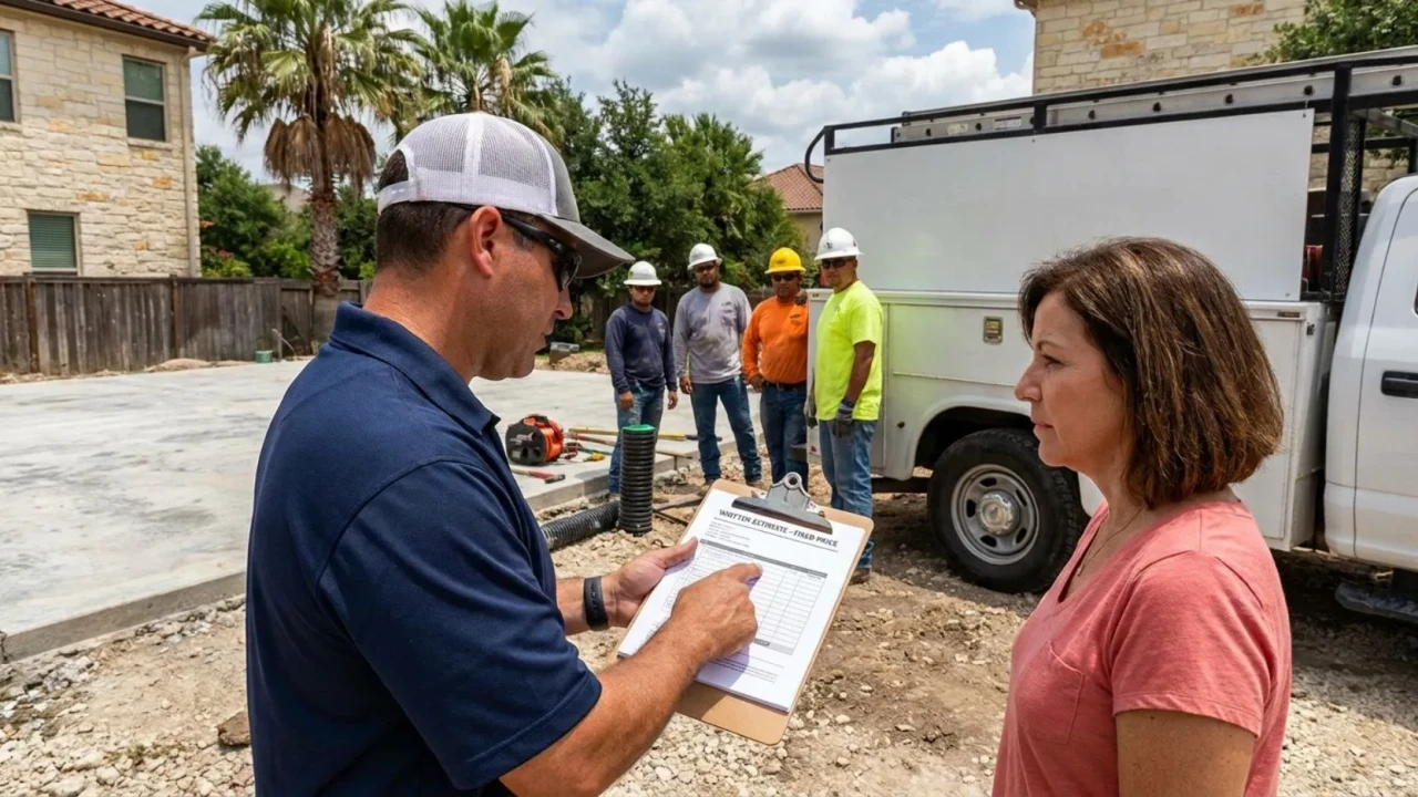 Affordable Concrete San Antonio crew member presenting a written patio repair estimate to a homeowner at the property — the written price is given before anyone forms or pours, with no obligation attached to the free site visit