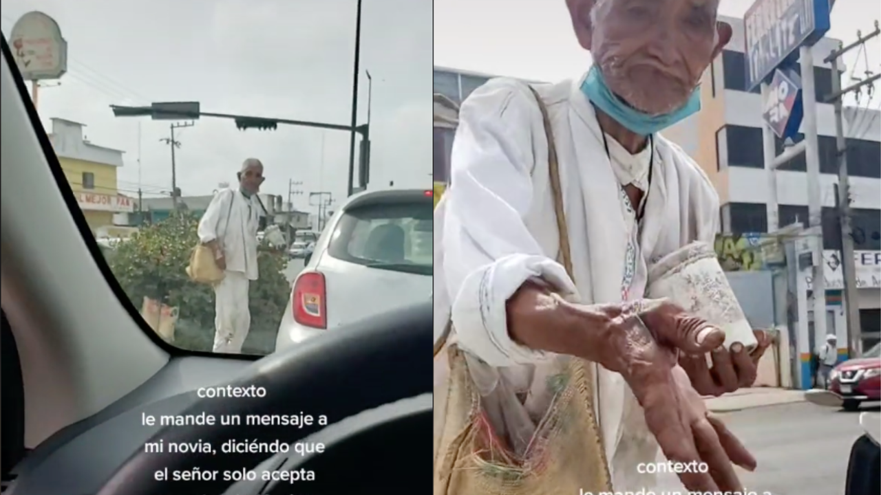 Abuelito limosnero tira dinero a conductores, solo acepta de 10 en adelante