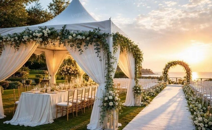 Pagoda wedding marquee by the beach with ocean view for a romantic seaside wedding