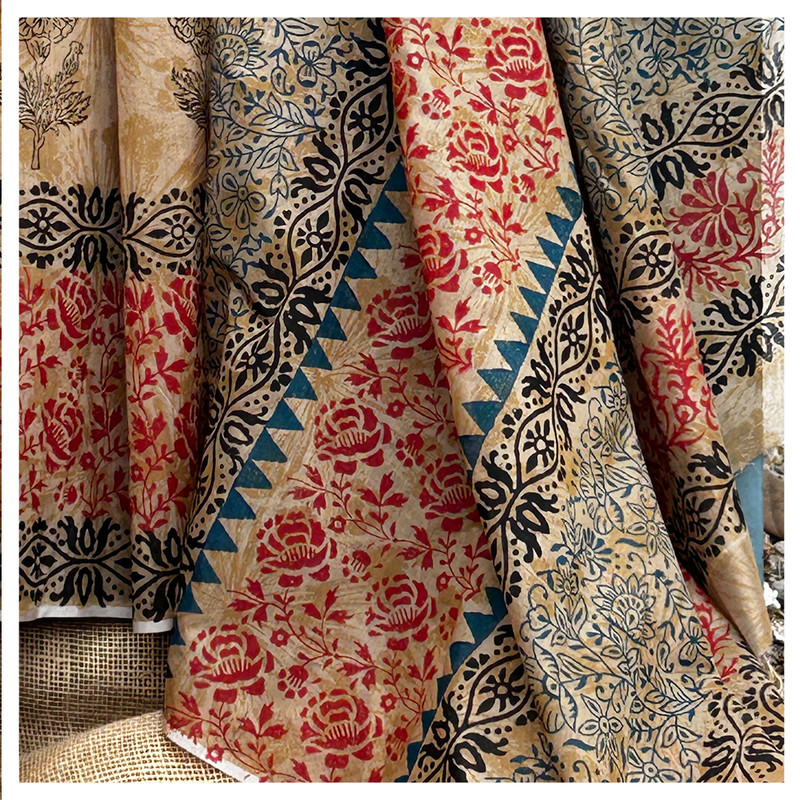 Hand Block Printed Akaroa Biege Saree with Blue and Red Floral Pattern
