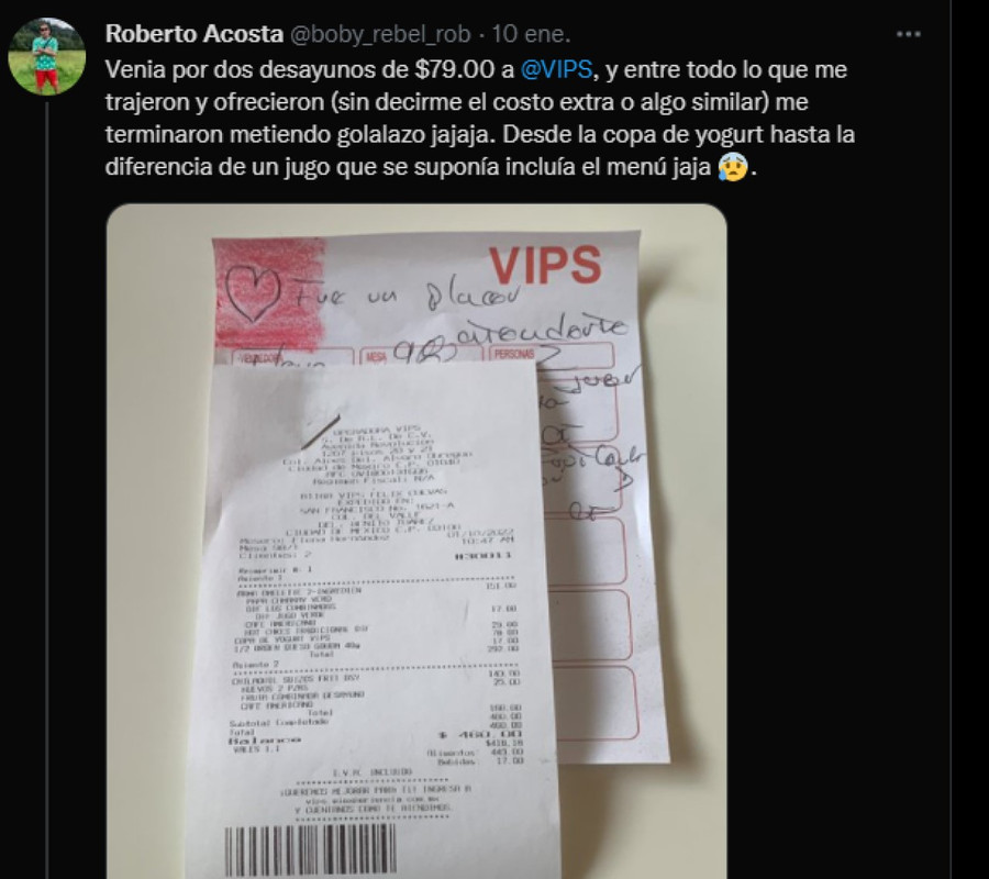 Consumidor muestra la estafa de Vips en desayuno de 79, pagó 400 pesos